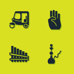 Poster - Set Taxi tuk tuk, Hookah, Pan flute and Indian symbol hand icon. Vector.