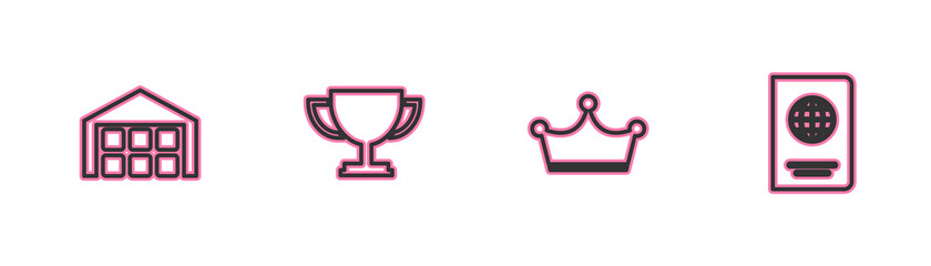 Sticker - Set line Warehouse, Crown, Trophy cup and Passport icon. Vector.