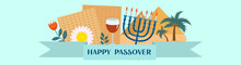 Passover Banner. Pesach Template For Your Design With Matzah And Spring Flowers. Happy Passover Inscription. Jewish Holiday Background. Vector Illustration.