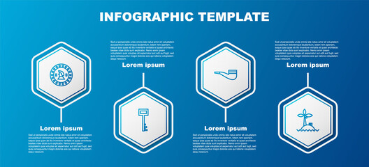 Sticker - Set line Pirate coin, key, Smoking pipe and Tropical island ocean. Business infographic template. Vector.