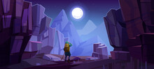 Hiker Man On Road In Mountains At Night. Vector Cartoon Landscape Of Nature Park With Canyon, Stone Cliffs, Rocks, Moon In Sky And Tourist With Backpack For Hiking On Path