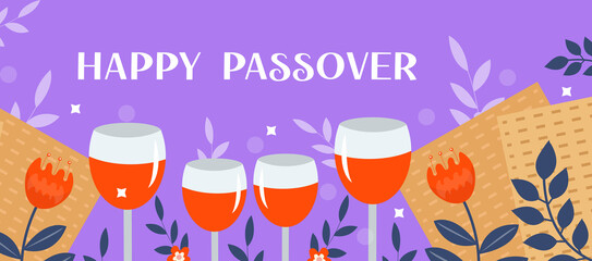 Wall Mural - Passover banner. Pesach template for your design with matzah and spring flowers. Happy Passover inscription. Jewish holiday background. Vector illustration