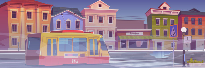 Wall Mural - City street with houses, tram and white fog. Gloomy foggy weather in town. Vector cartoon illustration of town with tramway on empty car road, buildings with stores and mist