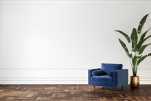 Mid Century Modern Empty Interior With Armchair, Plant And Blank Wall. 3d Render Illustration Mockup.