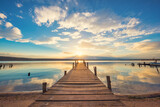 Fototapeta  - Old wooden dock at the lake, sunset shot