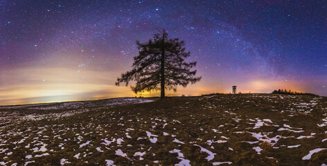 Wall Mural - Milky way galaxy, night sky panorama with stars and snow on foreground