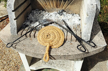 Barbecue Utensils, Ash Catcher, Wicker Fan And Tongs