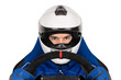 © stockphoto-graf - race or rallye driver blue overall suit with steering wheel and crash helmet in racing seat isolated  white background. motorsport esports simracing concept.