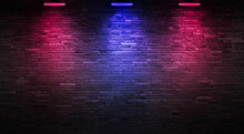 Black Brick Wall Background Rough Concrete With Neon Lights And Glowing Lights. Lighting Effect Pink And Blue On Empty Brick Wall Background