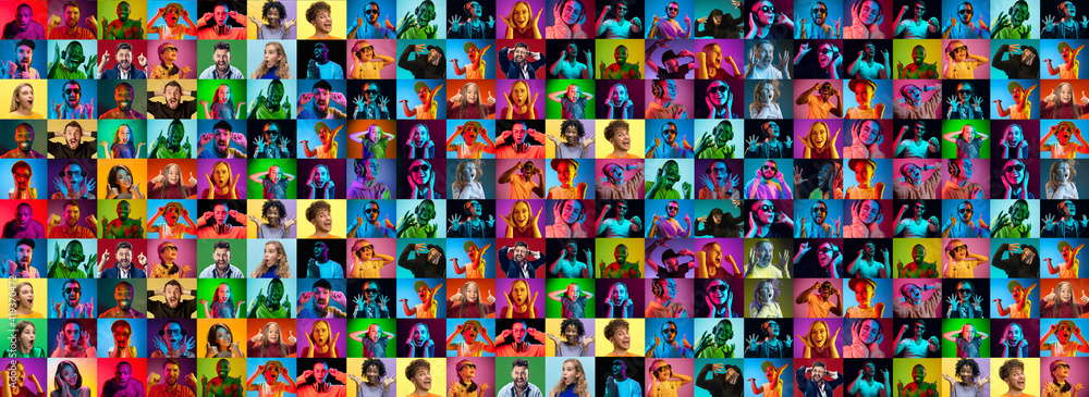 Collage of faces of surprised people on multicolored backgrounds. Happy men and women smiling. Human emotions, facial expression concept. Different human facial expressions, emotions, feelings. Neon - obrazy, fototapety, plakaty 