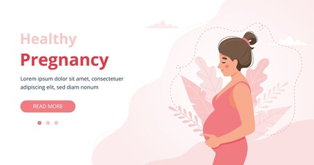 Pregnancy banner, pregnant woman vector illustration in cute cartoon style