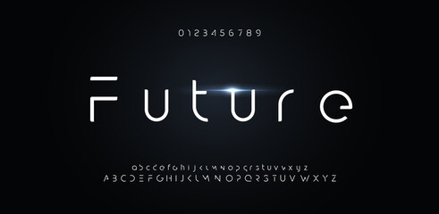 Wall Mural - Futuristic font, alphabet of future for modern technology logo. Minimalist letters design for hud, digital space and ai element. Vector robot typography