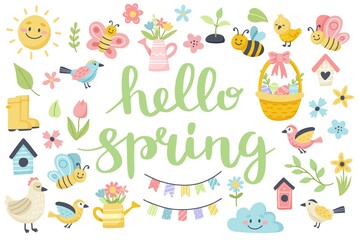 Wall Mural - Hello spring lettering with cute birds, bees, flowers, butterflies. Hand drawn flat cartoon elements. Vector illustration