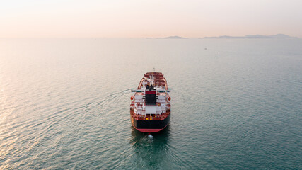 Wall Mural - Aerial angle rear view of oil tanker ship sailing on open sea. Crude oil tanker lpg ngv at industrial estate Thailand - Oil tanker ship to Port of Singapore - import export