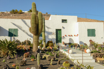 Traditional house with cactus garden at Femes on Lanzarote island in Spain