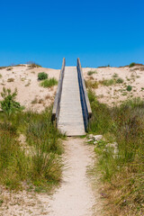 Wall Mural - wooden pathway to the nude beach near city of Cullera,  skyline with beach