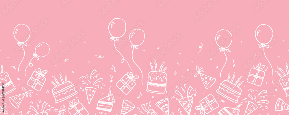 Fun hand drawn party seamless background with cakes, gift boxes, balloons and party decoration. Great for birthday parties, textiles, banners, wallpapers, wrapping - vector design - obrazy, fototapety, plakaty 