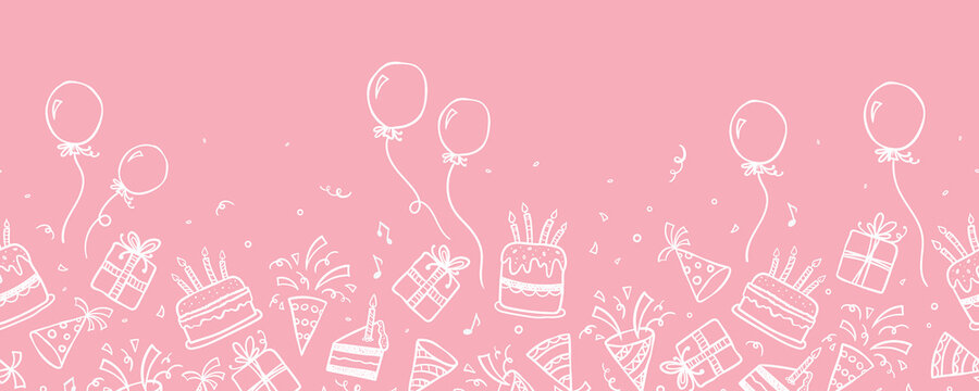 fun hand drawn party seamless background with cakes, gift boxes, balloons and party decoration. grea