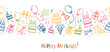 © TALVA - Fun hand drawn party seamless background with cakes, gift boxes, balloons and party decoration. Great for birthday parties, textiles, banners, wallpapers, wrapping - vector design