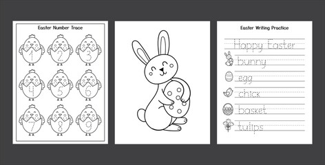 Wall Mural - Easter Worksheets set with cute bunny and chick. Black and white spring activity pages collection for kids. Coloring page with rabbit and eggs. Easter writing practice. Vector illustration