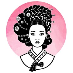 Wall Mural - Portrait of the young Korean girl with an ancient hairstyle. Monochrome image on a background of the pink sun, imitation of a watercolor. Vector illustration isolated. Print, poster, t-shirt, card.