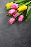 Fototapeta Tulipany - Fresh tulips bouquet lying on a dark grey stone surface