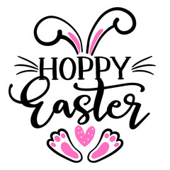 Wall Mural - Hoppy Easter - hand drawn modern calligraphy design vector illustration. Perfect for advertising, poster, announcement or greeting card. Beautiful Letters. Bunny ears and cute paws.