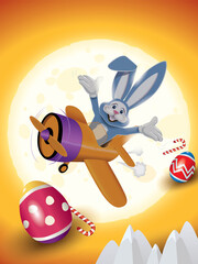 Wall Mural - Easter Bunny is piloting an orange plane and shares Easter Eggs and lollipops