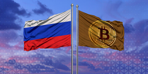 Russia flag and Bitcoin Flag waving over blue sky (digitally generated