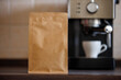 Mockup coffee pack with coffee machine in background