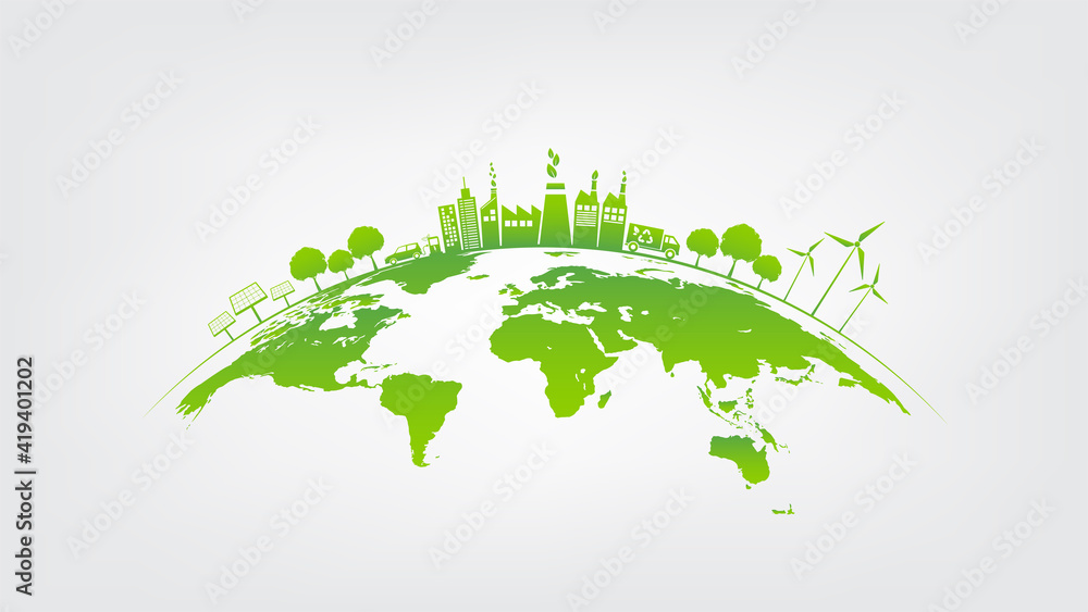Ecology concept with green city on earth, World environment and sustainable development concept - obrazy, fototapety, plakaty 