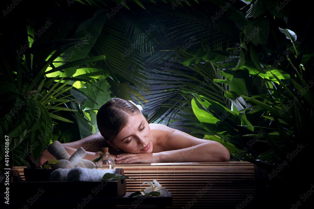 portrait of young beautiful woman in spa environment - obrazy, fototapety, plakaty 