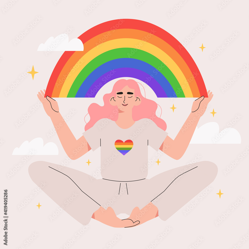Person hold lgbt rainbow. Pride month celebration against violence, descrimination, human rights violation. Lgbt greeting card. Man, woman or transgender on peaceful demonstration or protest.