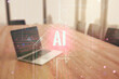 © Pixels Hunter - Creative artificial Intelligence symbol concept with modern computer on background. Double exposure