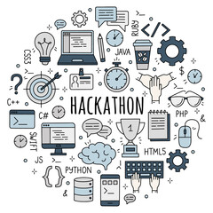 Wall Mural - hackathon and datathon set of doodle style icons.