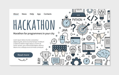 Wall Mural - hackathon and datathon landing page in doodle style. vector template for the event for developers, p