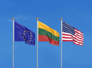 Wall Mural - Three flags. USA (United States of America), EU (European Union) and Lithuania. 3D illustration.