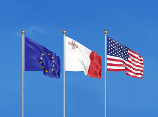 Wall Mural - Three flags. USA (United States of America), EU (European Union) and Malta. 3D illustration.