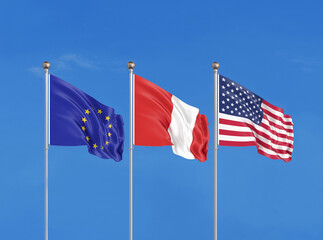 Wall Mural - Three flags. USA (United States of America), EU (European Union) and Peru. 3D illustration.