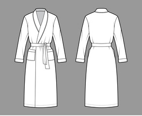 Bathrobe Dressing gown technical fashion illustration with wrap opening, knee length, oversized, tie, pocket, long sleeves. Flat garment front back, white color style. Women, men unisex CAD mockup