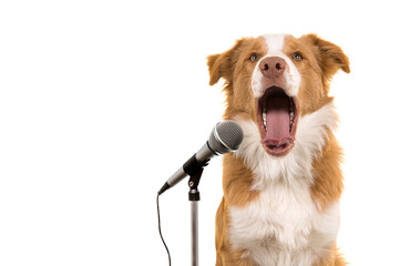 Wall Mural - Portrait of a border collie dog singing in front a microphone