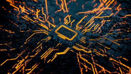 Display Technology Concept with Monitor symbol on a Microchip. Data flows from the CPU across a Futuristic Motherboard. 3D render.