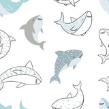 Fototapeta Konie - Vector hand-drawn colored childish seamless repeating simple doodle pattern with sharks in scandinavian style on a white background. Cute baby animals. Pattern for kids with sharks. Sea. Underwater.