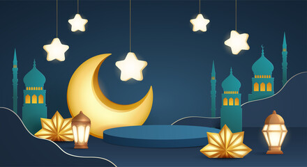 3D illustration of classic blue Muslim Islamic festival theme product display background with crescent moon and Islamic decorations.