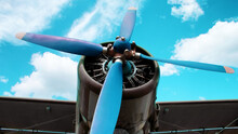 Airplane Engine Blades On A Blue Background.