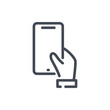 Hand hold mobile phone line icon. Hand holding smartphone vector outline sign.