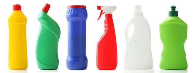 Collage of bottles with detergent on white background