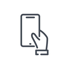 hand hold mobile phone line icon. hand holding smartphone vector outline sign.