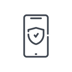 Mobile phone with shield and tick line icon. Smartphone secure and protection vector outline sign.