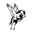 pegasus winged horse - greek mythology inspiration symbol animal flying forward black and white vector design